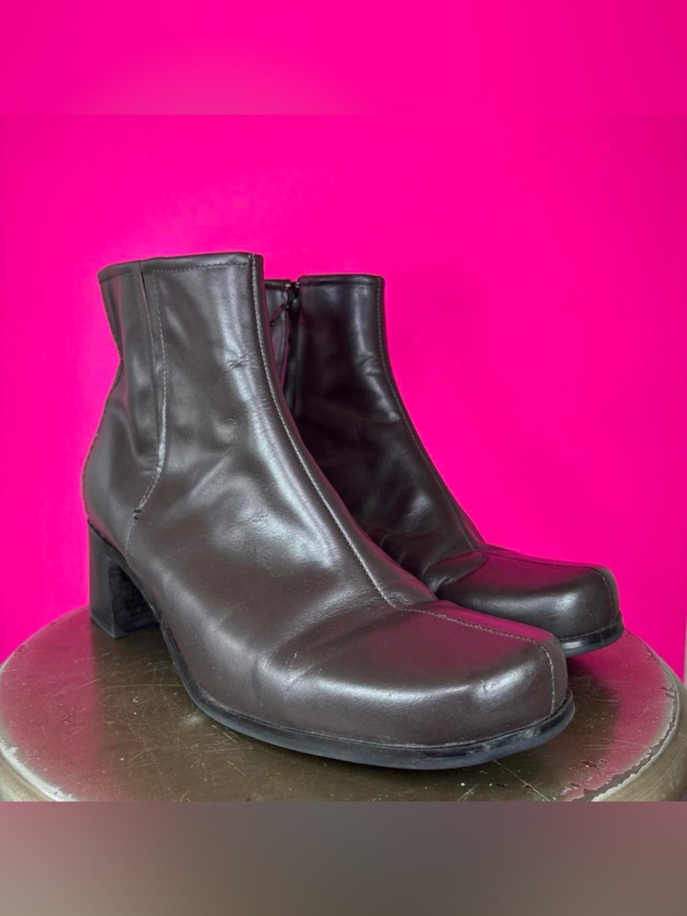 Prediction Brown Leather Square Toe Block Heel Ankle Boot US 9